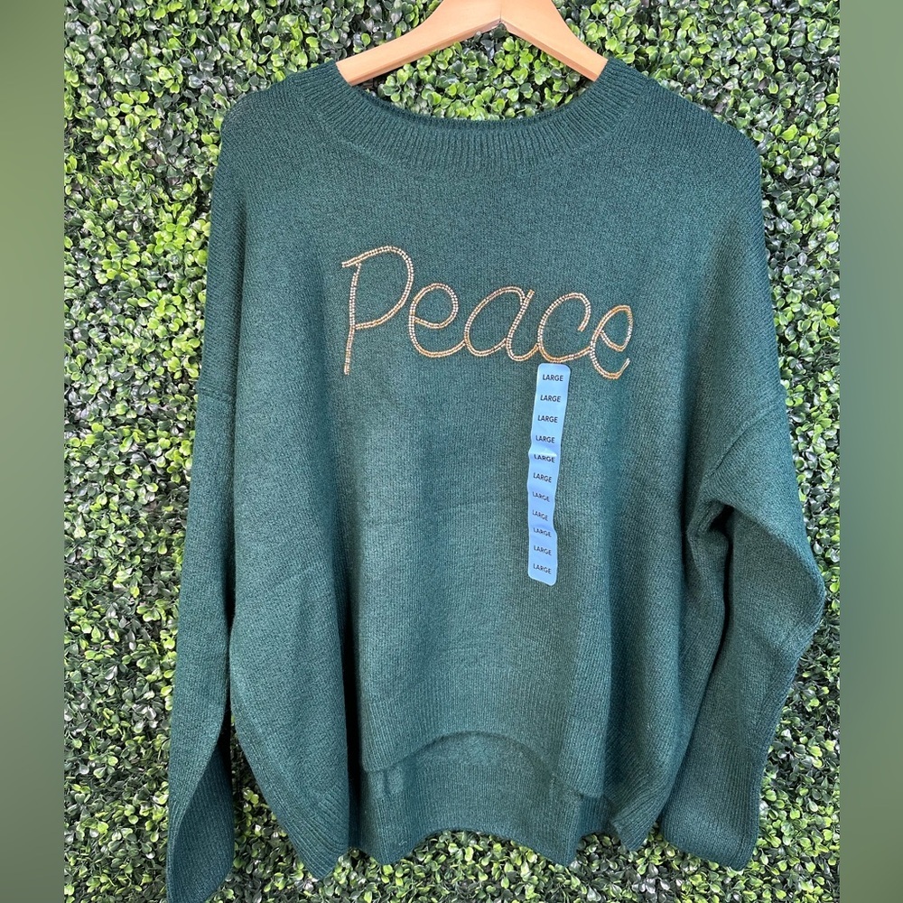 Vince Camuto  Green‎ Crewneck bejeweled Peace Sweater nwt